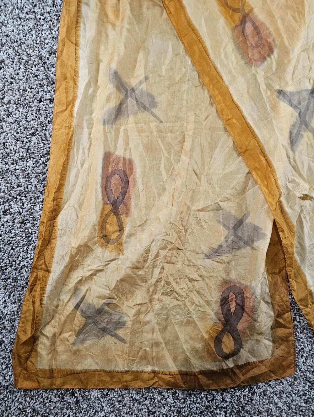 Vintage 1960s Womens 100% Silk Large Scarf Gold Beige Tribal Print Art To Wear